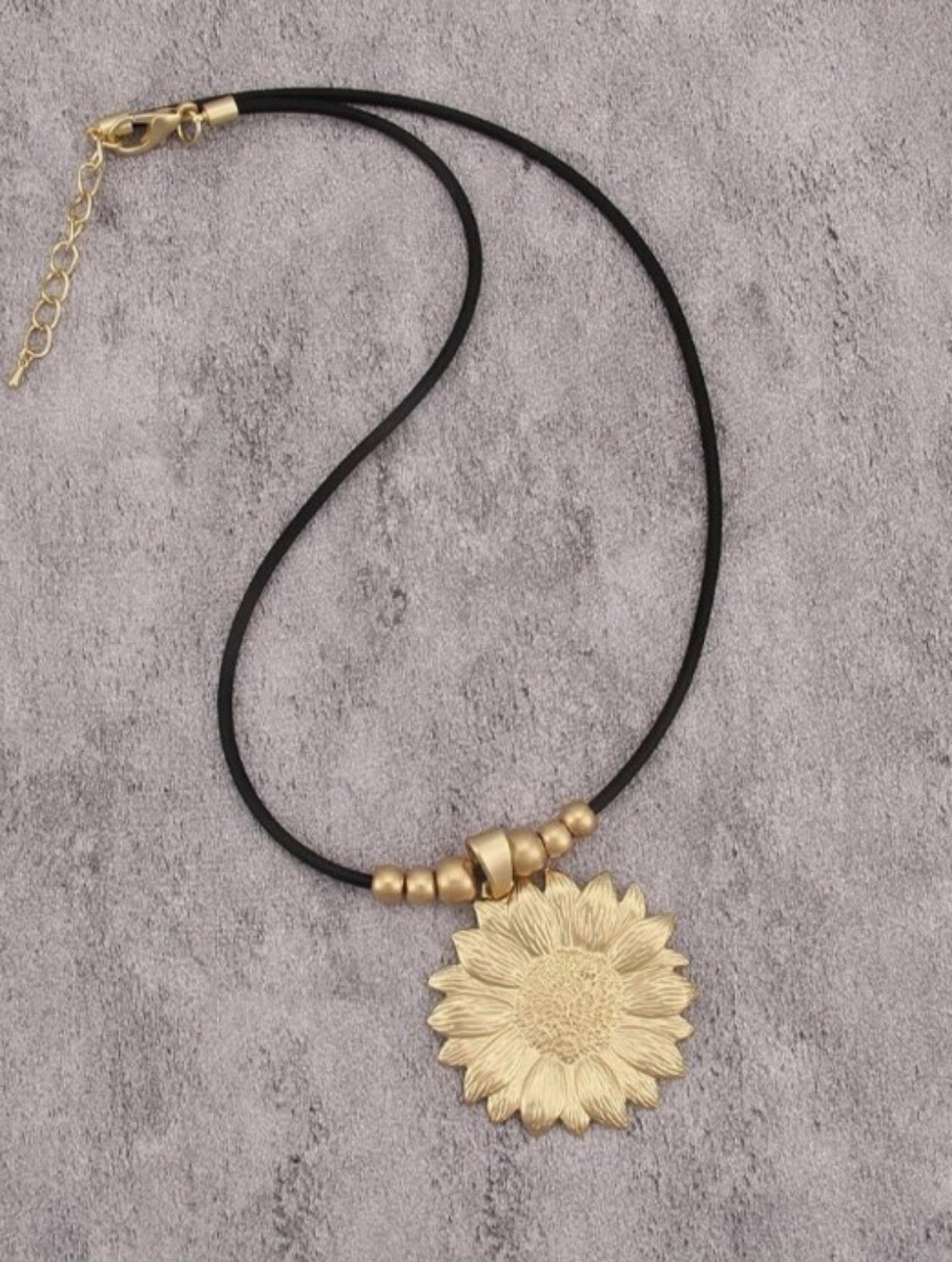 NWT Matte Gold Sunflower Pendant Necklace Black Cord Choker Boho Adjustable